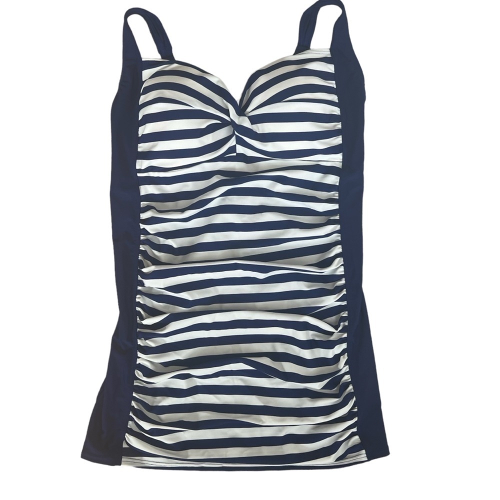 Glow & Grow Maternity Blue White Stripe Swimsuit Tankini Top L UPF 50+ Nautical - Picture 2 of 9